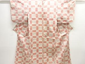 アンティーク　変わり格子に幾何学模様織り出し手織り紬単衣着物